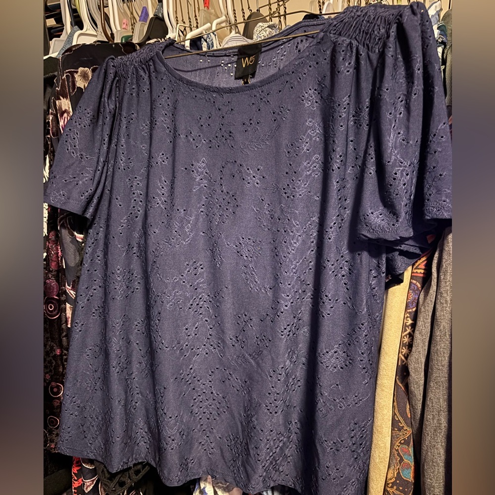 W5 Navy Flutter Sleeve Blouse Short Sleeve